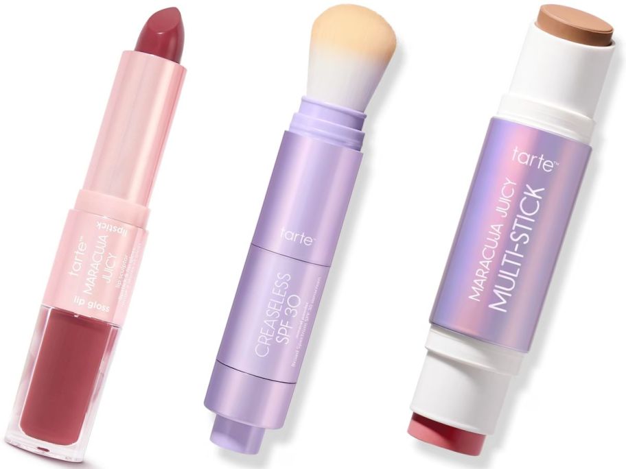 Stock images of tarte maracuja Juicy Lip Sculp, Sunscreen Powder, and Maracuja Multi-Stick