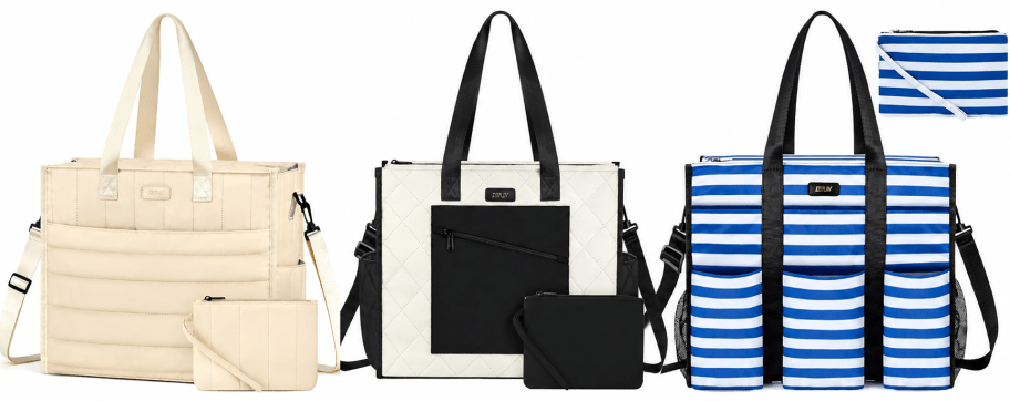 three Nylon Totes from Amazon, off white, black and white, and blue stripe