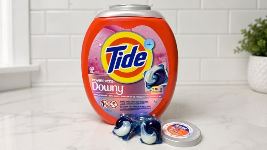 a 45 count box of tide XL pods on a counter top