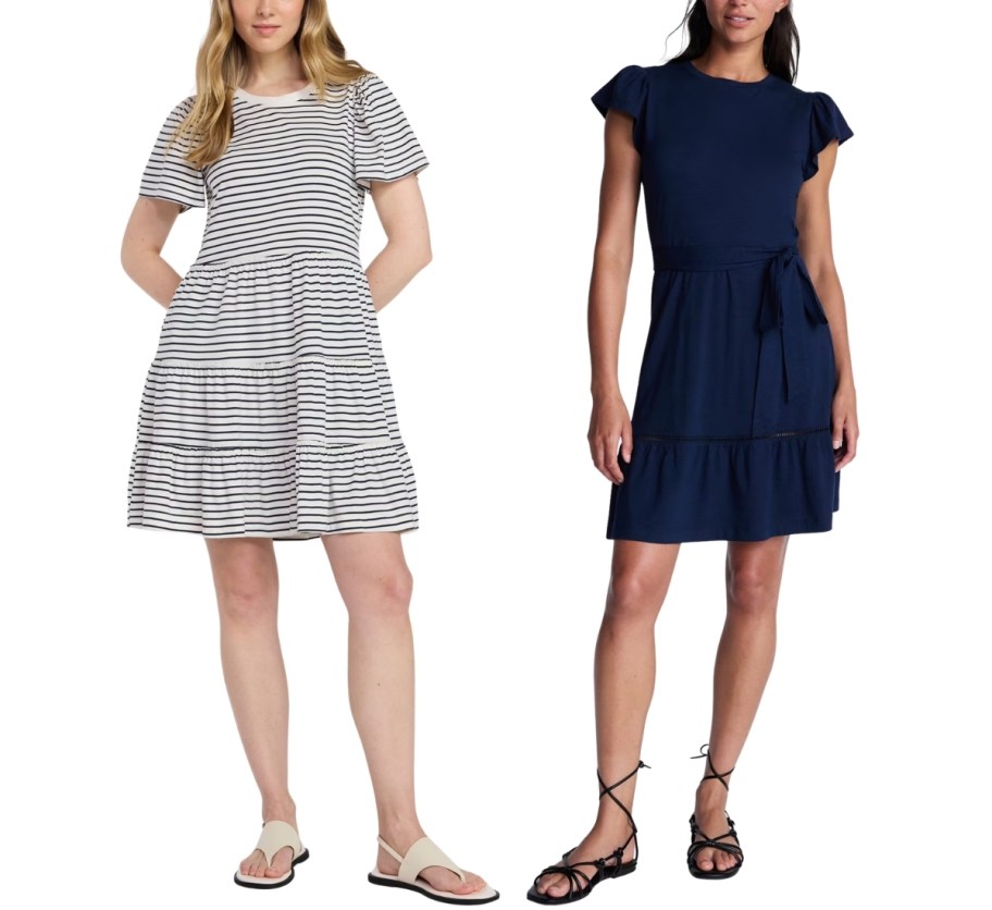 two women in t-shirt mini dresses