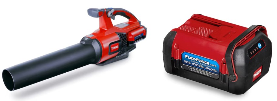 red and black leaf blower and battery 