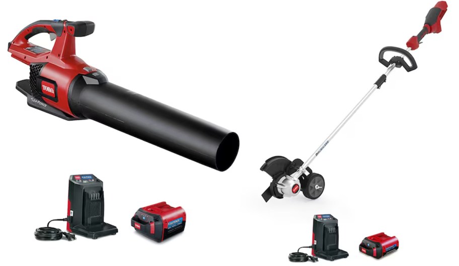 red and black leaf blower and trimmer tools with batteries and chargers 