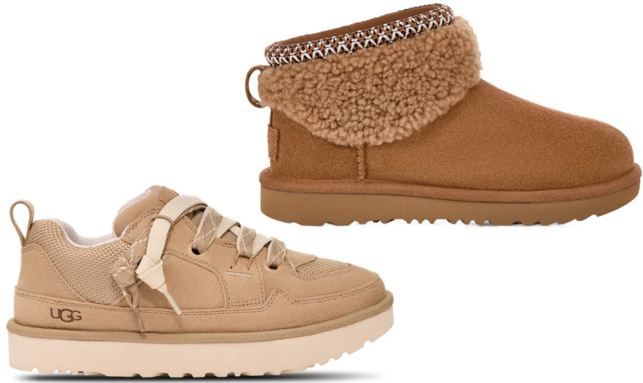 UGG tan ankle boots and sneakers.