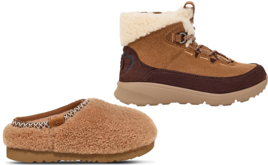 UGG tan slippers and winter boots.