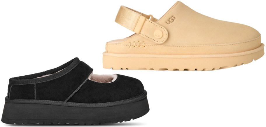 Two Ugg shoes displayed together, featuring a black Mary Jane-style platform shoe on the bottom left and a tan slingback clog with an adjustable strap and platform sole on the top right.