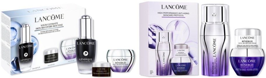 Lanc&ocirc;me G&eacute;nifique Ultimate skin recovery routine gift set and R&eacute;nergie anti-aging skincare protocol set with serums and creams.