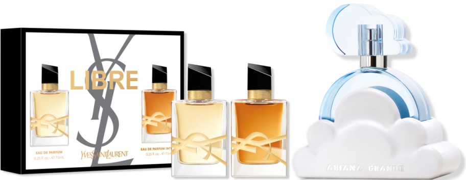 Yves Saint Laurent Libre perfume gift set with two 12oz bottles alongside an Ariana Grande Cloud perfume bottle.