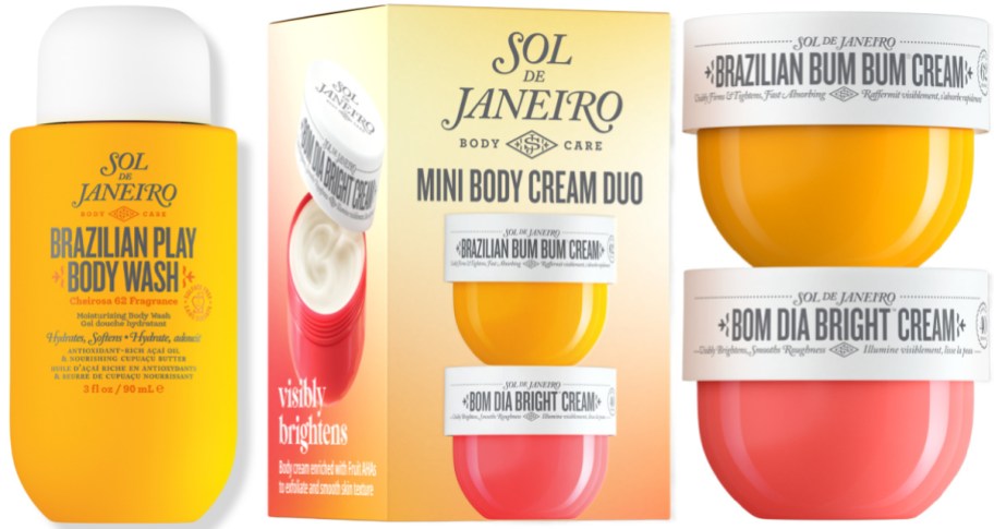 A Sol de Janeiro body care collection displayed together, featuring a Brazilian Play Body Wash on the left, a Mini Body Cream Duo set in its box in the center, and stacked Brazilian Bum Bum Cream and Bom Dia Bright Cream jars on the right.