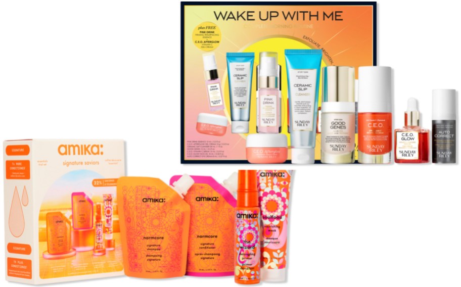 A beauty product collection displayed together, featuring an Amika Signature Saviors hair care set on the lower left, an Amika hair care product lineup on the lower right, and a Sunday Riley Wake Up With Me skincare routine set on the top right.