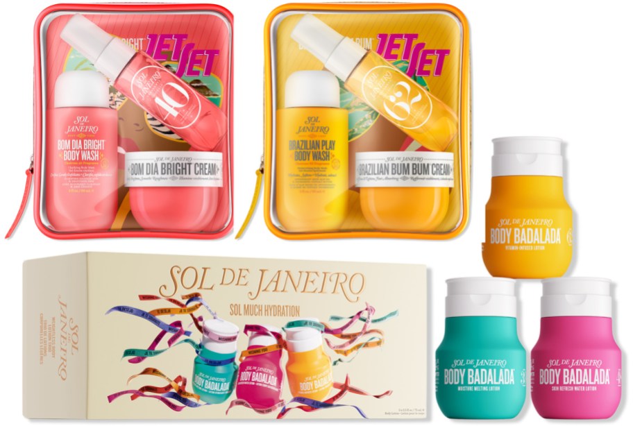 A Sol de Janeiro collection displayed together, featuring a Bom Dia Bright Jet Set pouch on the top left, a Brazilian Bum Bum Jet Set pouch on the top center, three Body Badalada bottles on the right, and a Sol Much Hydration gift set box on the bottom.