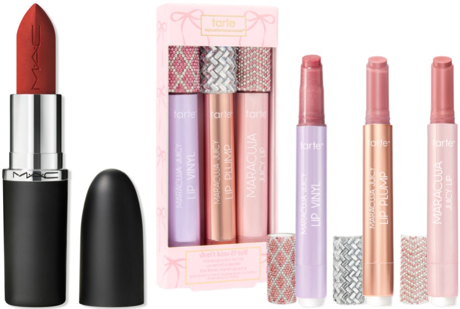 A MAC red lipstick tube with its cap next to a Tarte Maracuja Juicy Lip gift set containing three lip product tubes and their rhinestone-embellished caps.