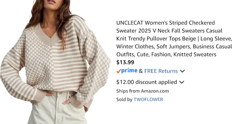 woman wearing striped sweater next to Amazon pricing information