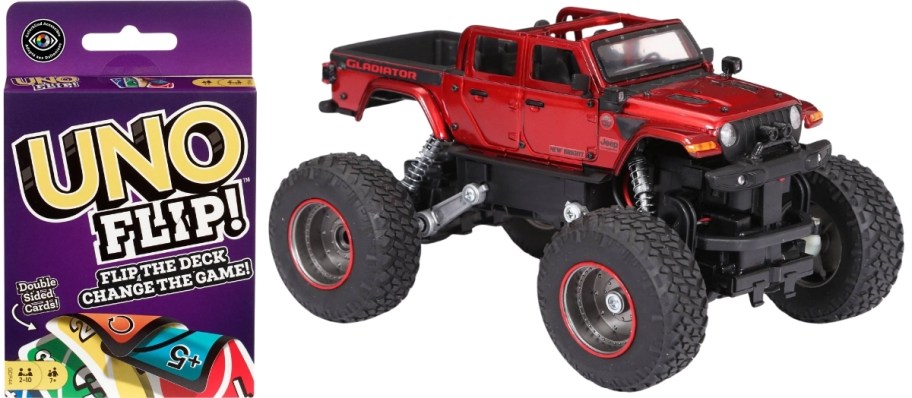 uno card game and remote control red jeep