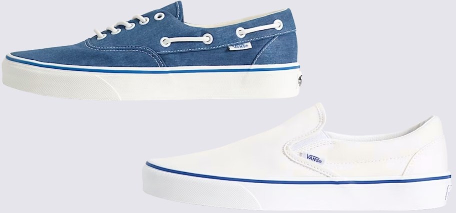 blue boat shoe sneaker and white slip on sneaker