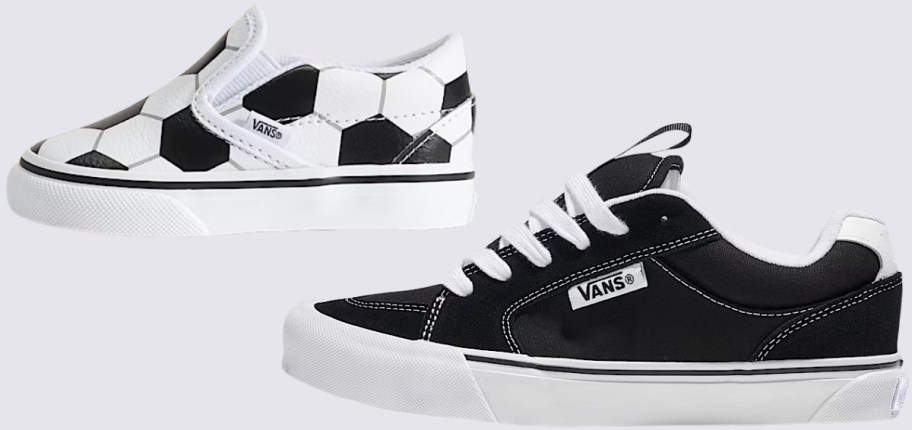toddlers black and white slip on sneaker and kids black lace up sneaker