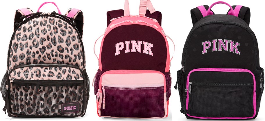leopard print, maroon, and black pink backpacks 