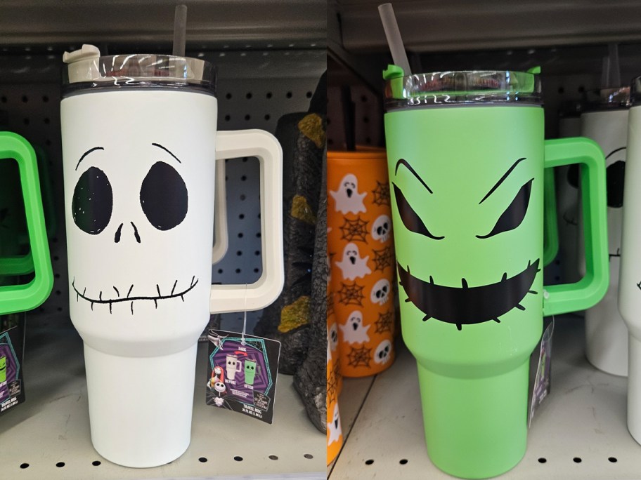 white and green tumblers on shelf 