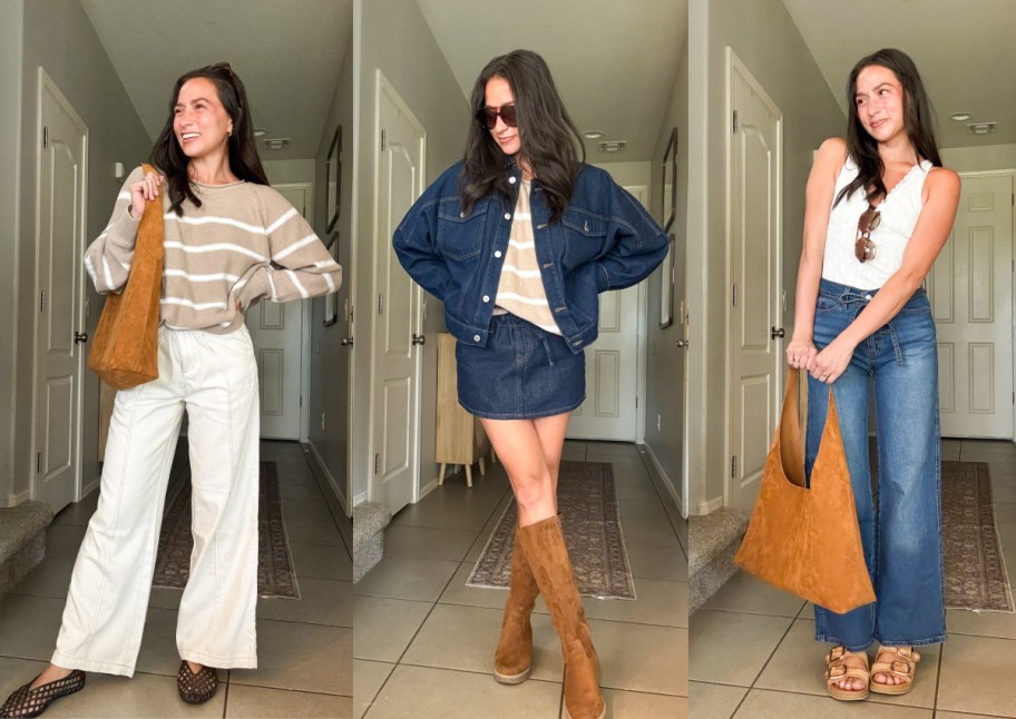 woman wearing three outfits, white pants, denim skort, and white tank with jeans 