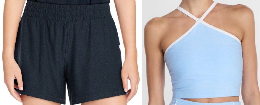 Athletic apparel shown side by side, featuring black athletic shorts on the left and a light blue halter crop top with white trim on the right.