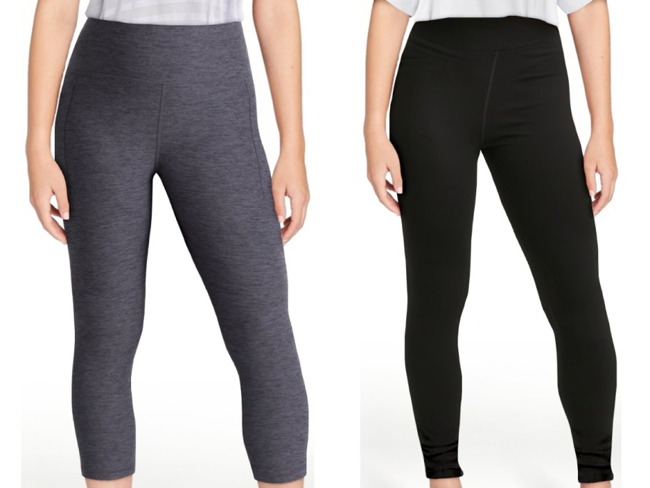 Two pairs of athletic leggings shown side by side, featuring dark grey heathered capri-length leggings on the left and solid black full-length leggings on the right.