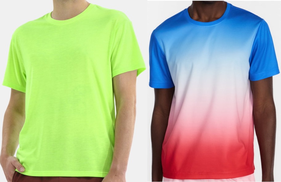 Two Athletic Works t-shirts shown side by side, featuring a solid neon green shirt on the left and a blue-to-red ombre shirt on the right.