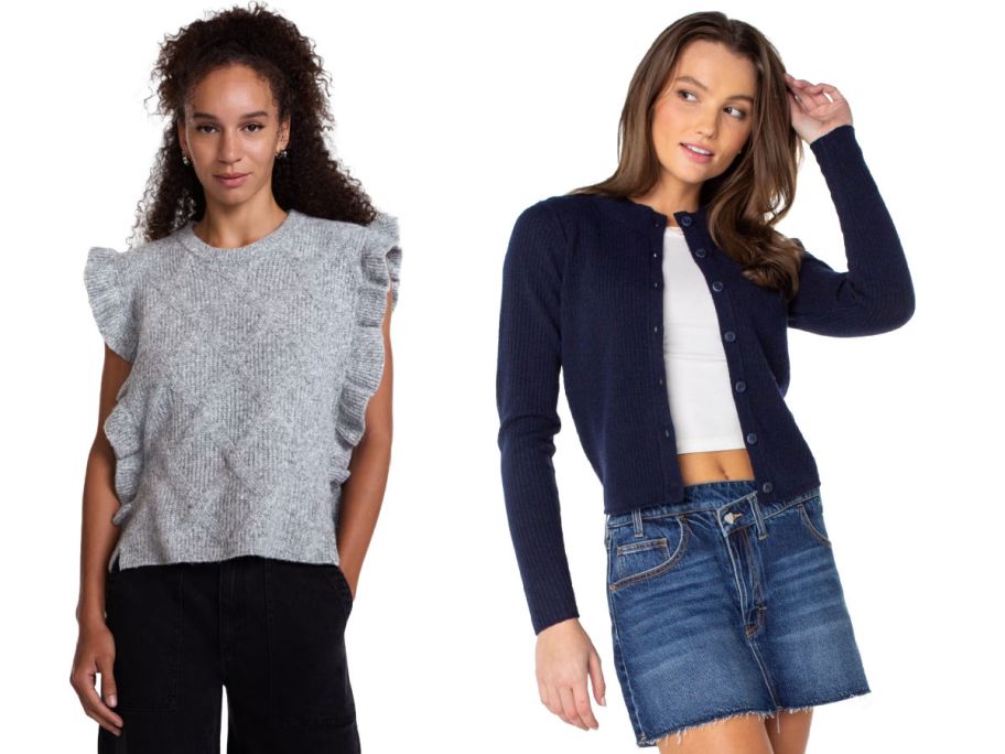 2 women wearing sweaters on a white background