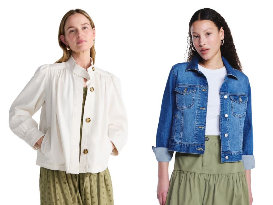 2 women wearing jackets on a white background