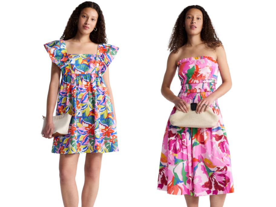 two women wearing dresses on a white background