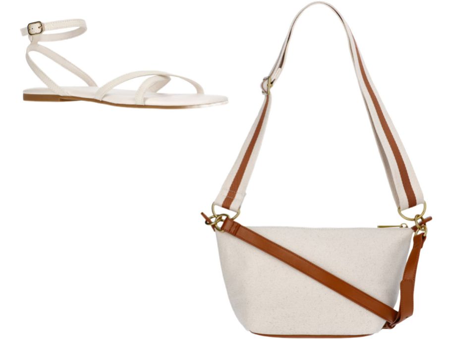 a beige sandal and handbag on a white background