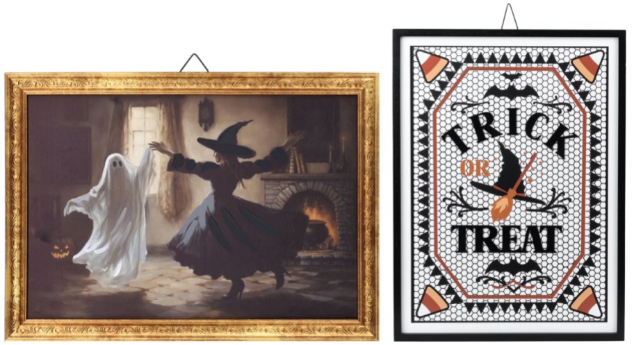 A gold-framed painting of a witch dancing with a ghost in a cozy room, and a black-framed "Trick or Treat" sign decorated with candy corn and bats.
