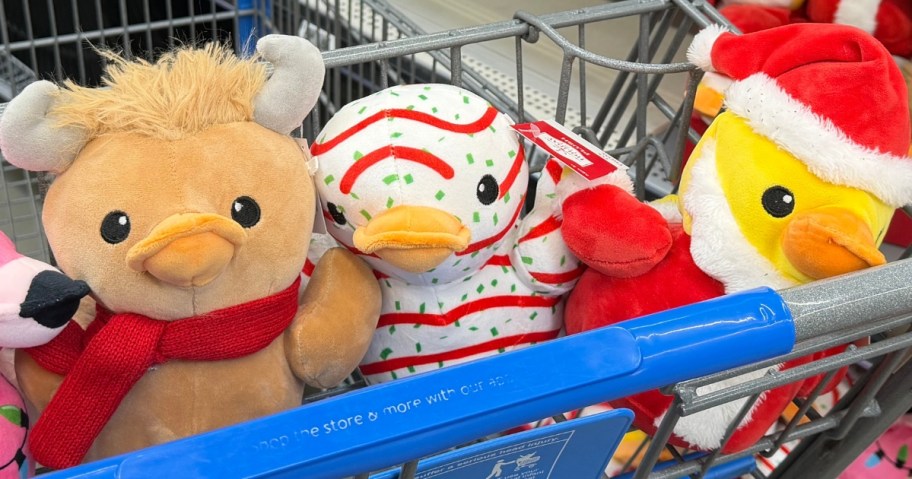 Christmas plush ducks in a Walmart cart