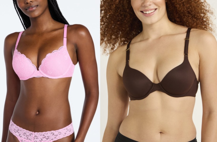 Two models wearing bras and underwear sets: a light pink lace set on the left and a dark brown smooth set on the right.