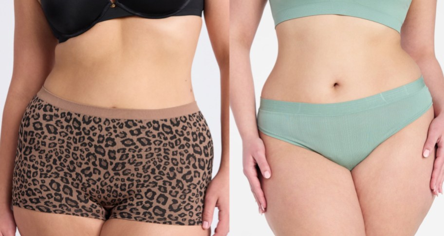 Two models wearing underwear: a leopard-print boy-short style on the left and a sage green pair on the right.