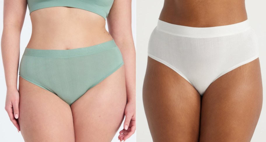 Two models wearing ribbed underwear: a sage green pair with a matching top on the left and a white pair on the right.