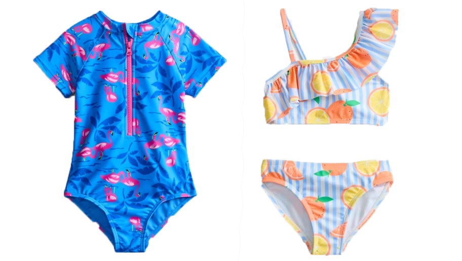 blue flamingo and blue fruit swimsuits 
