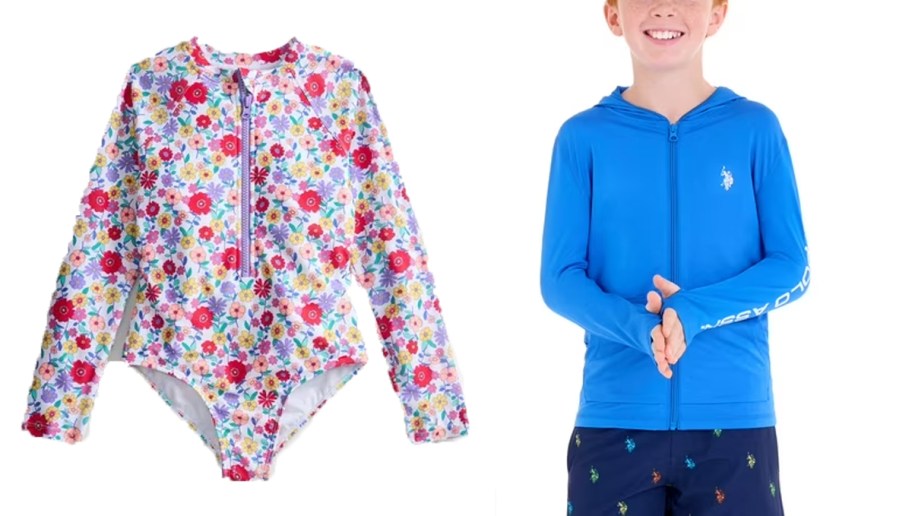 floral swimsuit and boy in long sleeve blue rashguard 