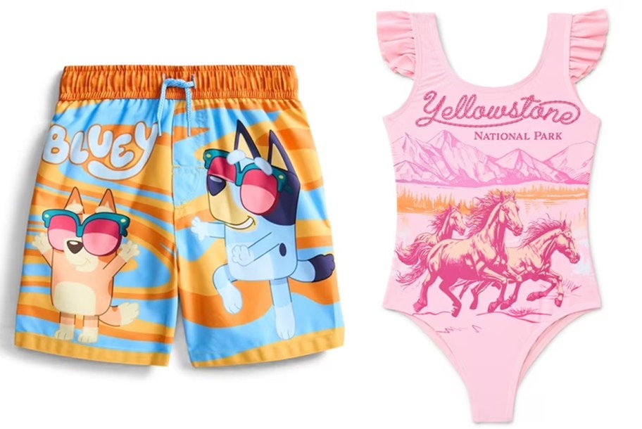 orange bluey shorts and pink horse swimsuit 