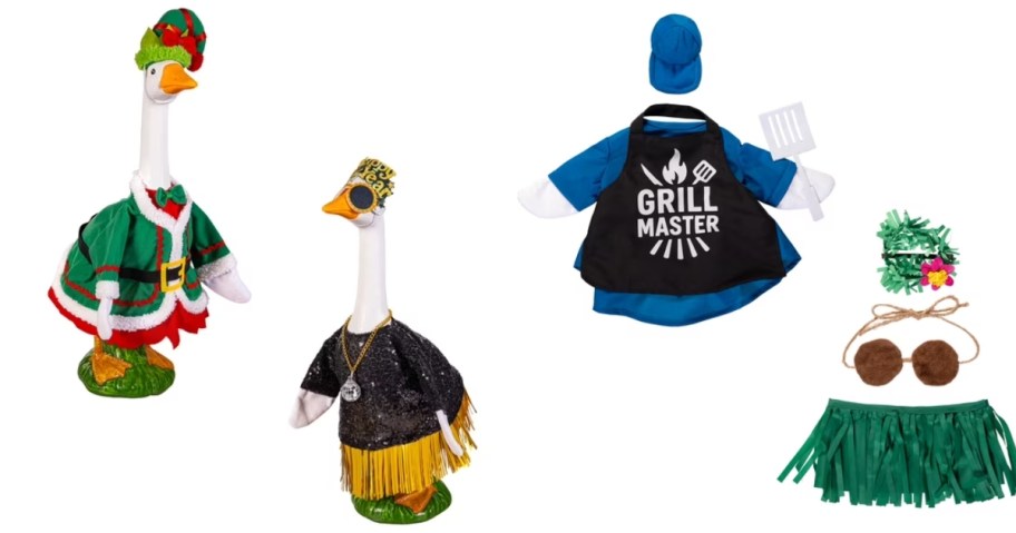four porch geese with seasonal outfits on