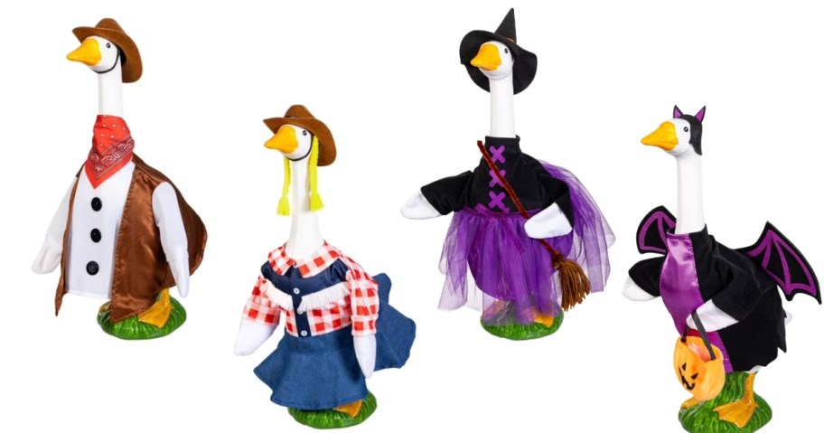 four porch geese with seasonal outfits on