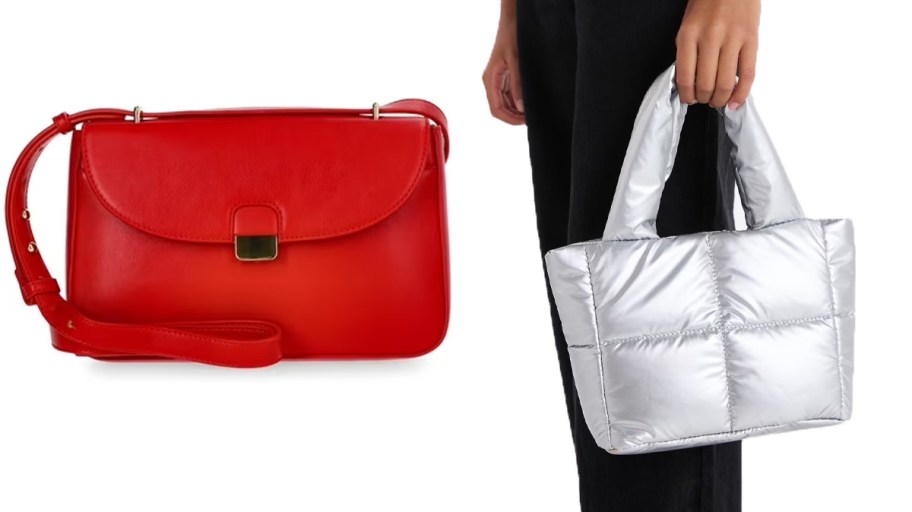 red purse and person holding silver tote 