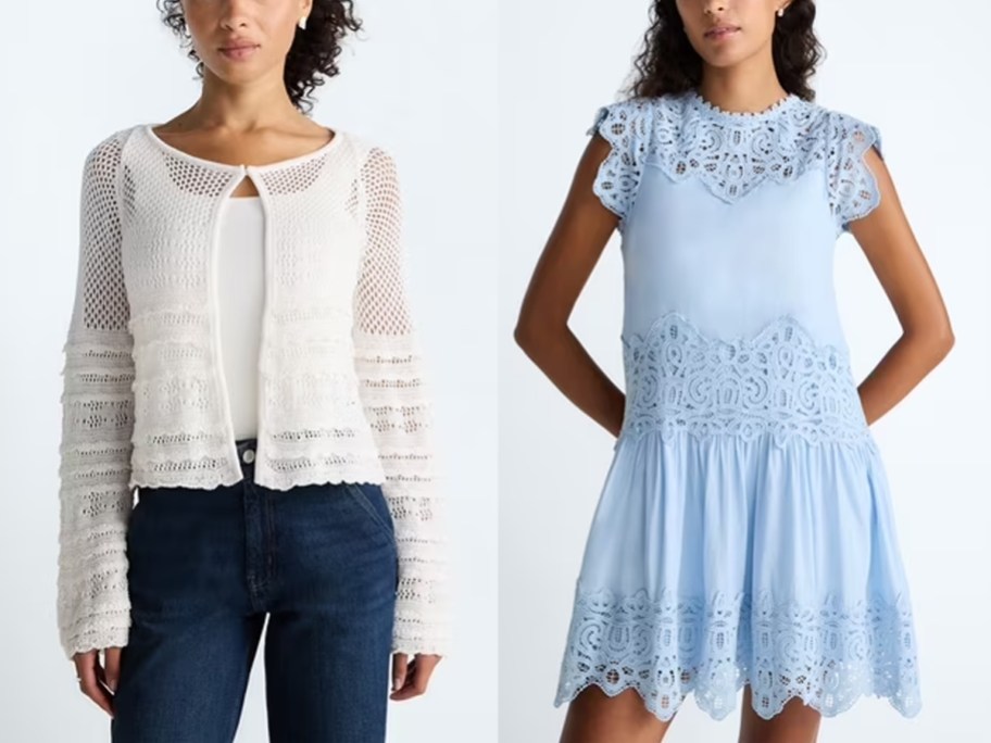 women wearing white top and blue dress
