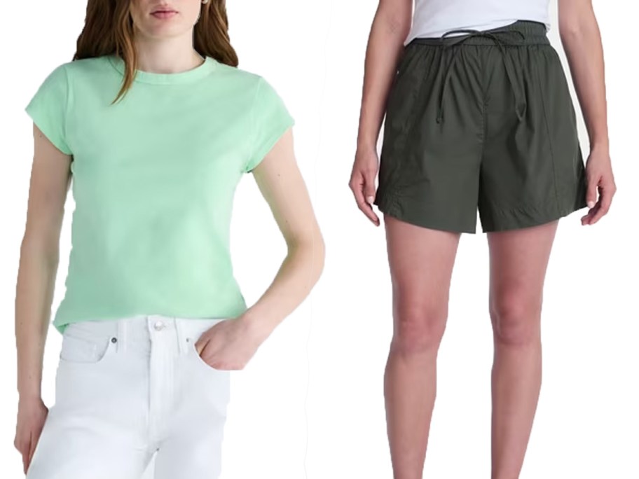 women wearing green shirt and shorts 