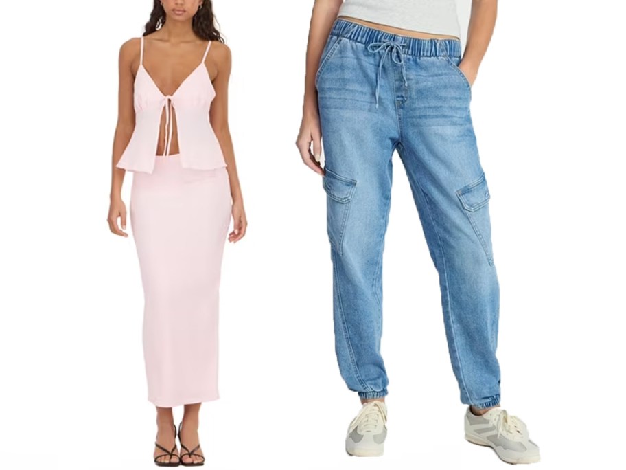 woman wearing pink 2 piece set and blue jeans 