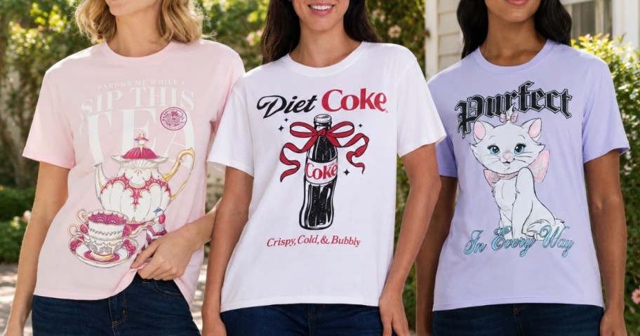 3 women wearing graphic tees