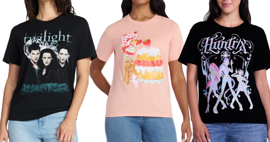 3 women wearing graphic tees