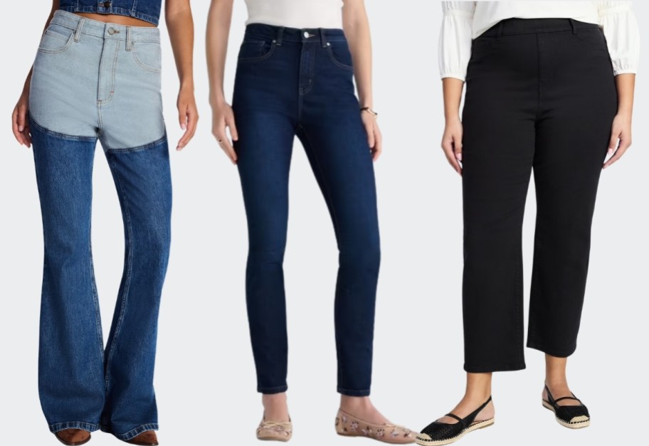 woman in boot cut jeans, strait leg jeans and cropped jeans