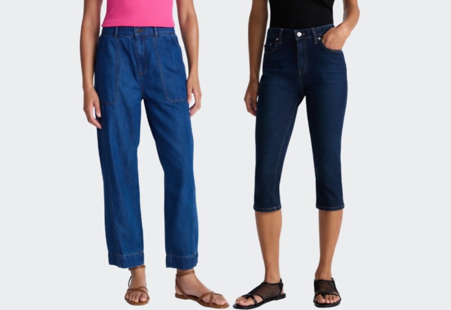 woman in barrel jeand and woman in capri jeans