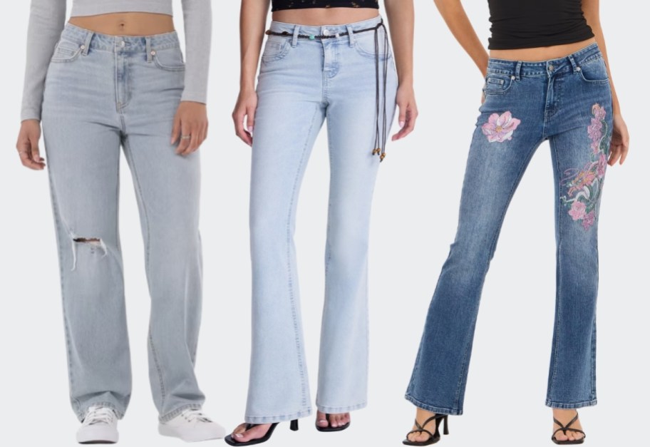 a woman in strait leg jeans, a woman wearinf light wash boot cut jeans and a woman wearing embroidered boot cut jeans