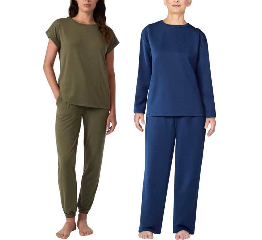 two women wearing 2 piece pajama sets in different styles and colors