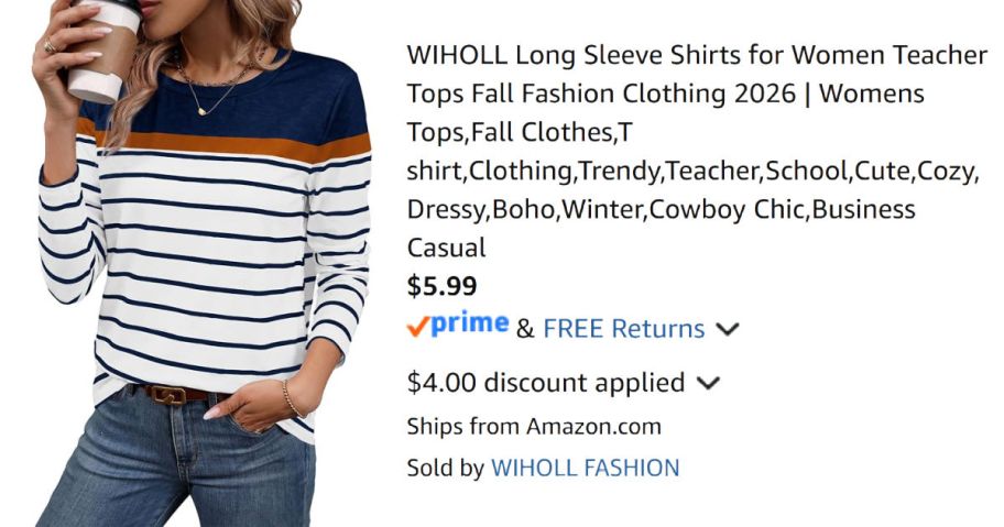 woman wearing striped shirt next to Amazon pricing information